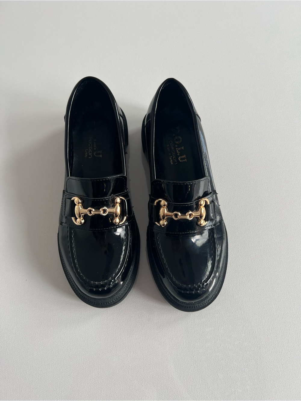 Black Patent Loafers with Gold Horsebit